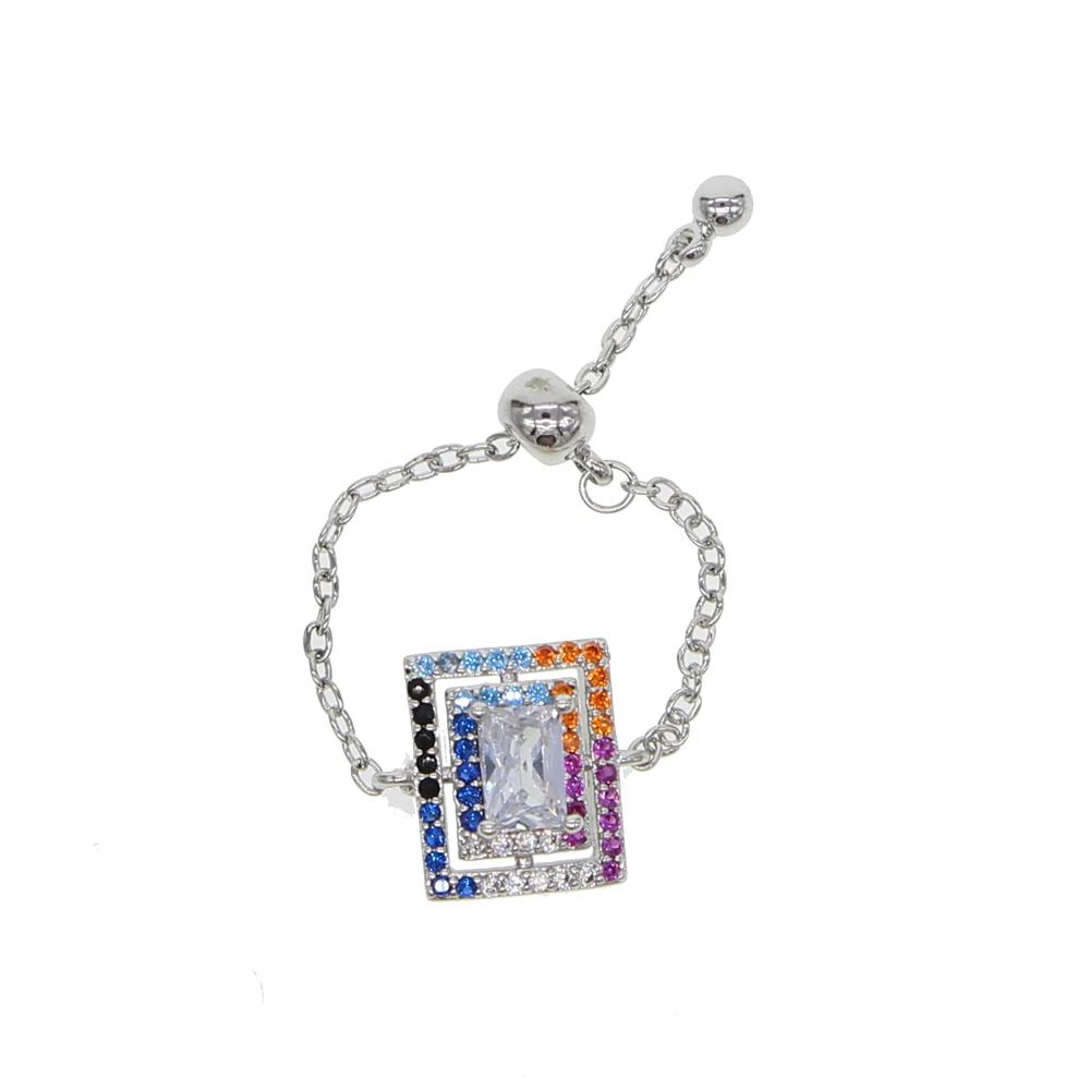 European charm chian ring clear multi color Rainbow cz metal square ring 2018 hot selling geometric cubic zirocnia rings