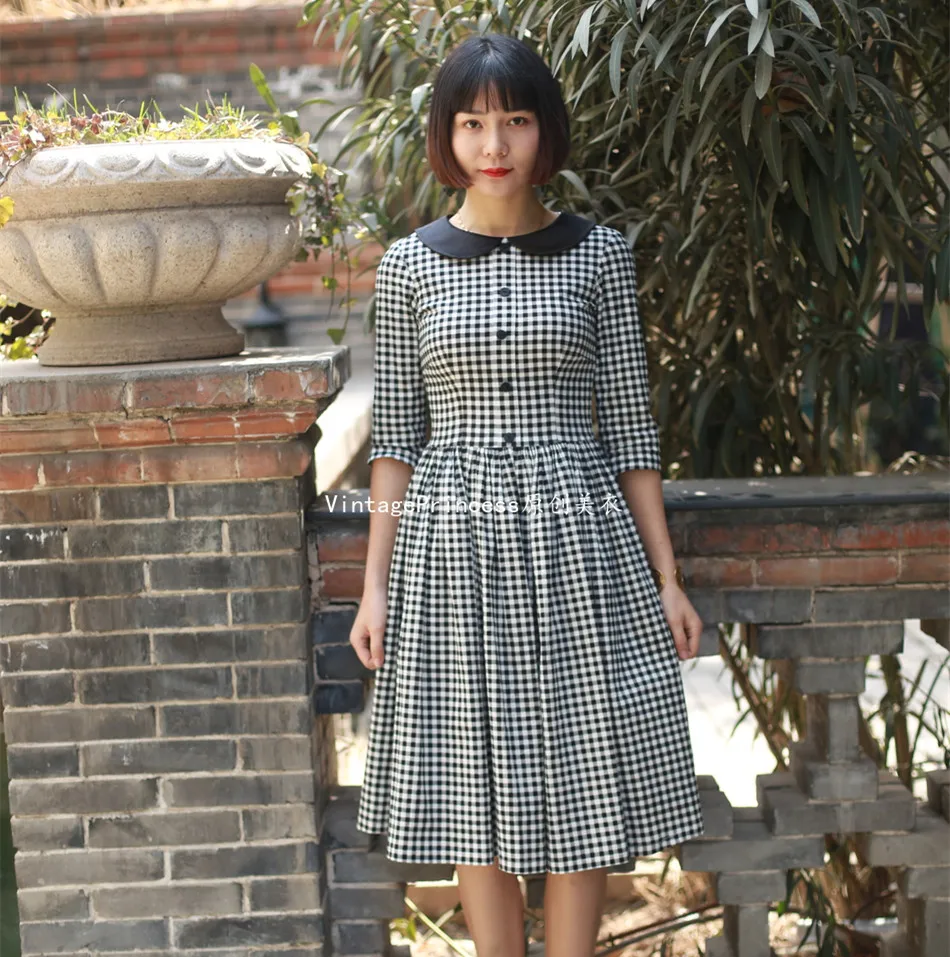 

summer women vintage 50s gingham black peter pan collar half sleeve rockabilly swing midi dress plus size 4xl vestidos dresses