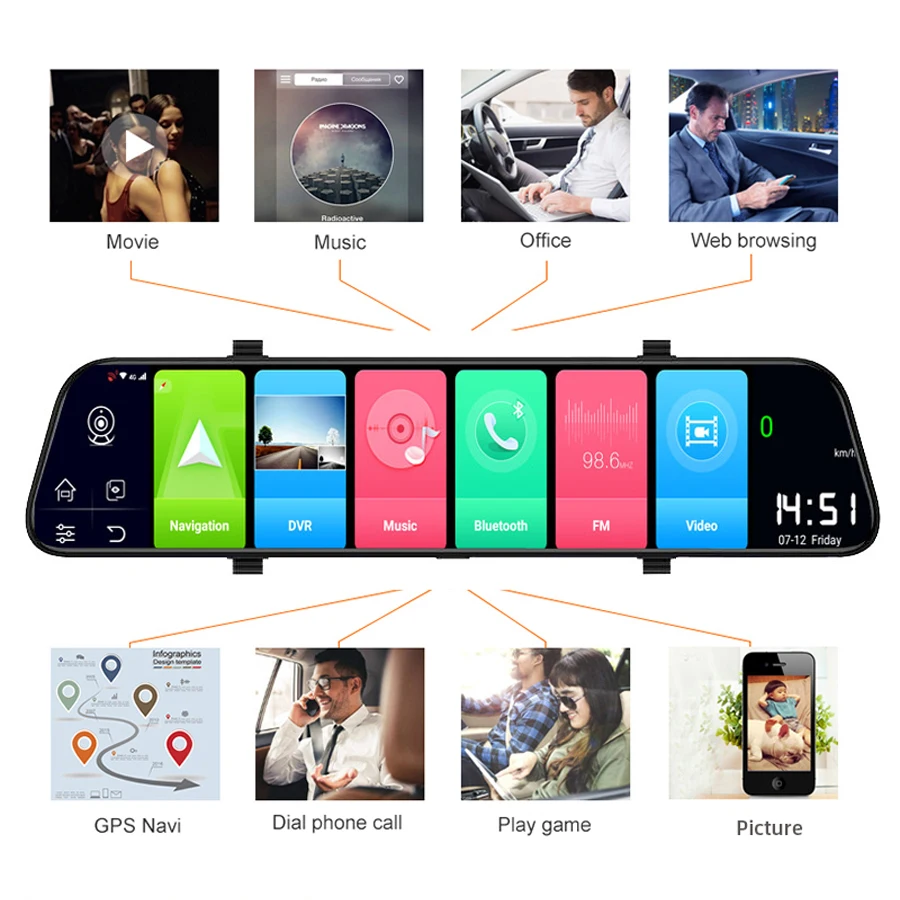 WHEXUNE New Android 8.1 4G Car DVR 12 inch smart rearview mirror navigation Full HD dual 1080P camera with Bluetooth WIFI RAM 2G