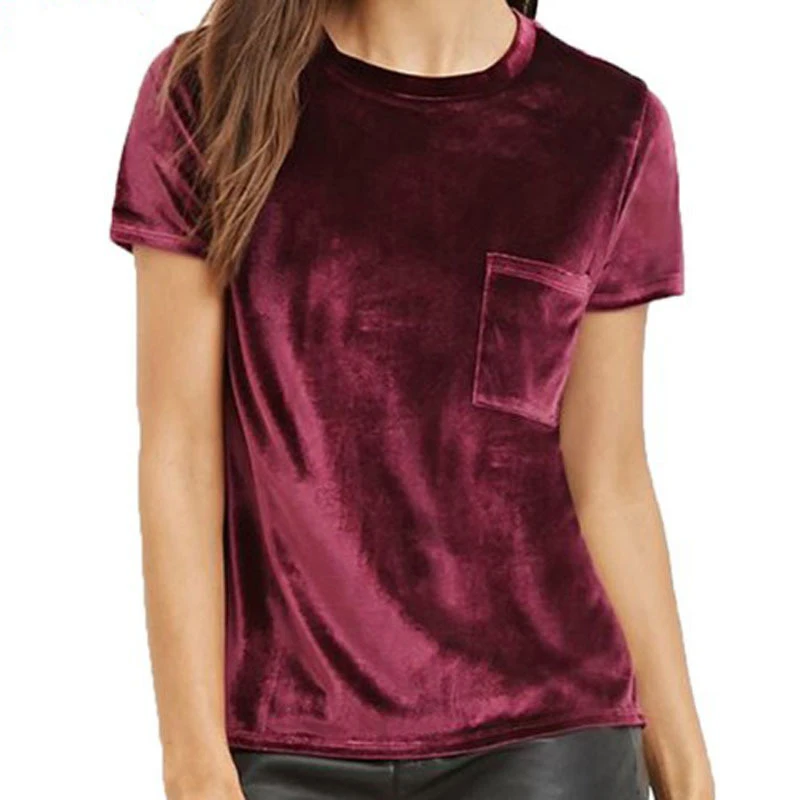 DuolaFine Spring Summer Cotton Velvet T Shirt Women Wine Red Burgundy
