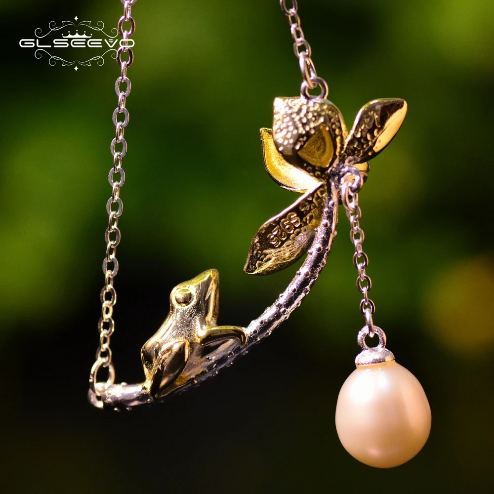 

GLSEEVO Real 925 Sterling Silver Natural Pearl Pendant Necklace Inset Frog With Flower Chain Necklace Handmade Jewelry GN0004