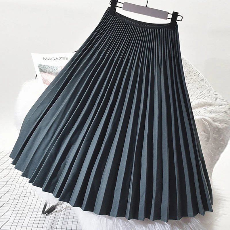 Aonibeier осень зима элегантные женские плиссированные юбки Эластичная Высокая талия длинная юбка свободного кроя Женская мода Сексуальная миди юбка 65 см - Цвет: Dark Grey
