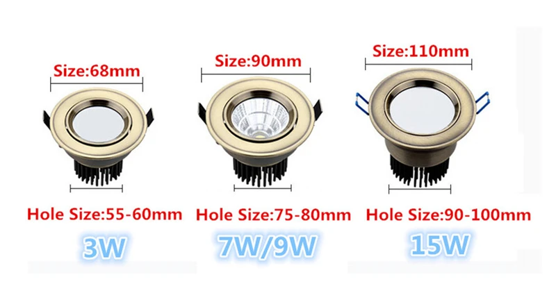 Европейский COB светильник 3 Вт/7 Вт/9 Вт/15 Вт AC85-265V Диммируемый Светильник утопленное Внутреннее освещение