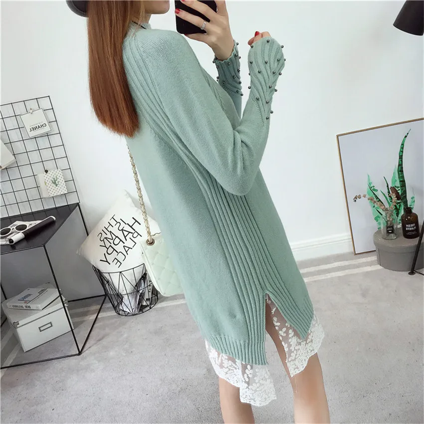 Женское трикотажное платье свитер с высоким воротником и разрезом|dress autumn|new