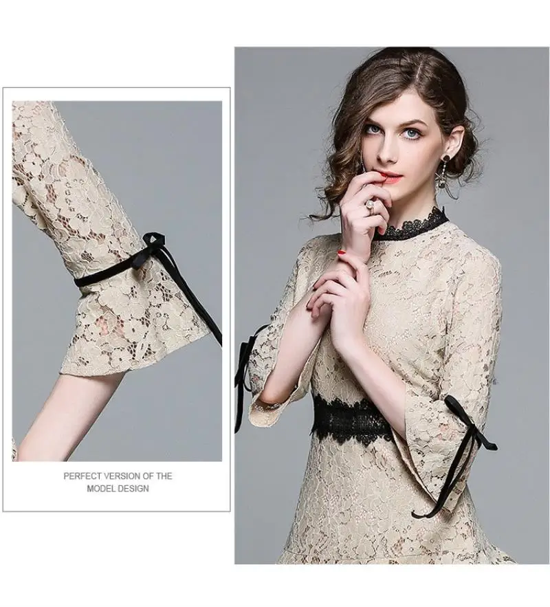 HIGH QUALITY New Fashion 2018 Runway Dress Women's Flare Sleeve Hollow out lace fishtail dress Lady Skirt Midi Dress