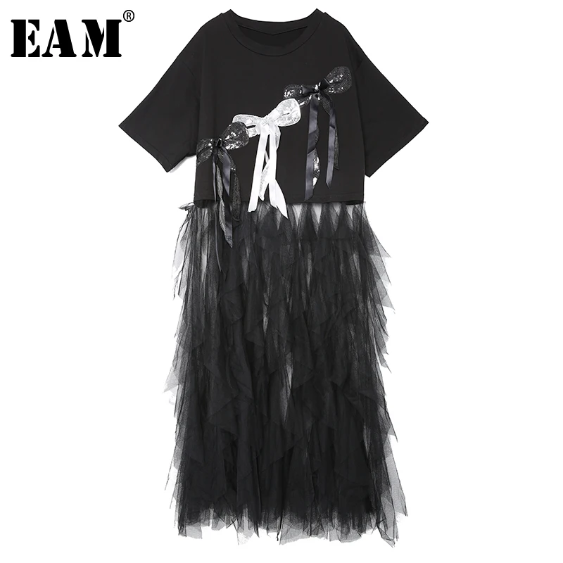 

[EAM] 2019 New Spring Summer Round Neck Short Sleeve Black Hem Perspective Mesh Bandage Bow Big Size Dress Women Fashion AE3
