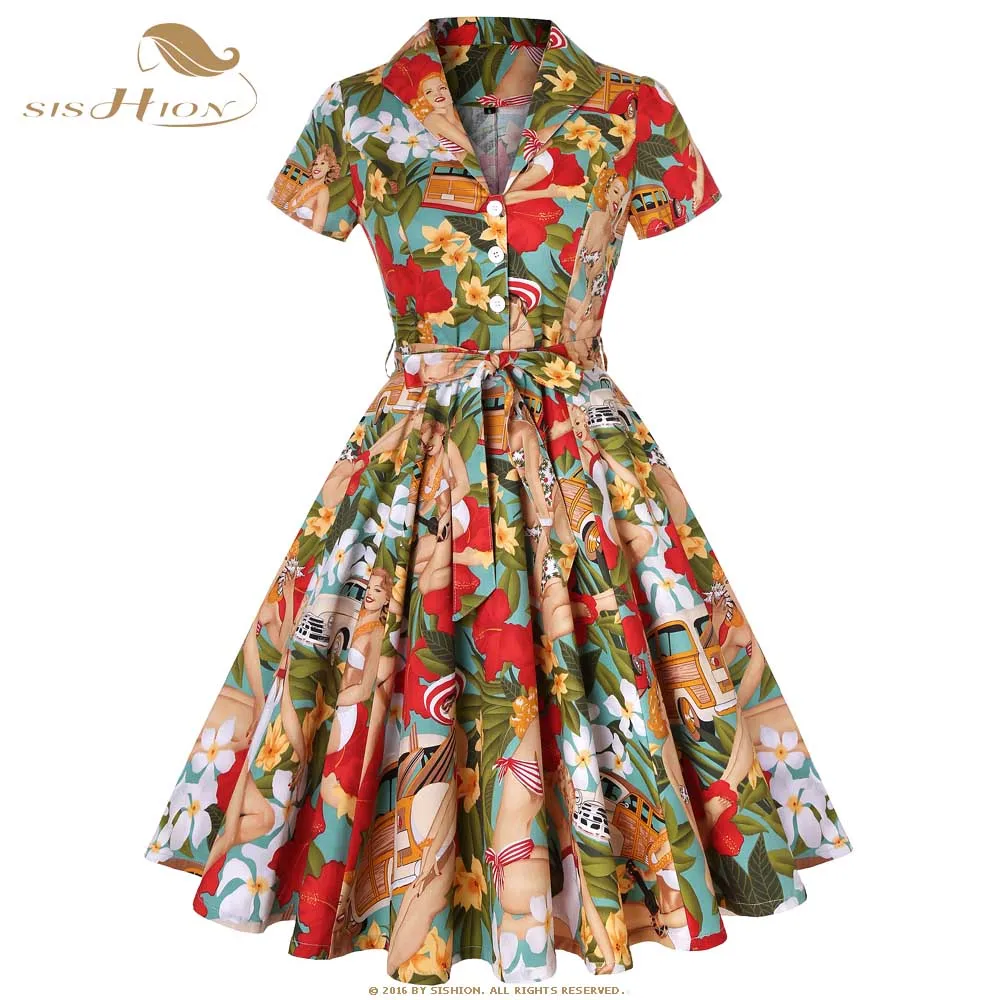 Beste SISHION 50 s 60 s Retro Vintage Jurk Korte Mouwen Auto en Schoonheid Patroon Bloemenprint Elegante Vrouwen Plus Size herfst Jurk SD0002