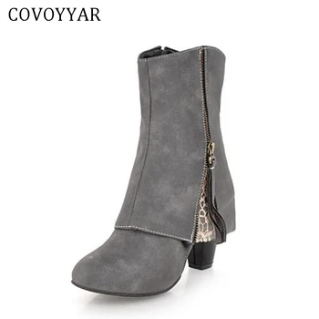 

COVOYYAR 2019 Autumn Winter Women Boots Block Heel Side Zip Lace Decor Western Ankle Boots Plus Size 34-44 Shoes Woman WBS431