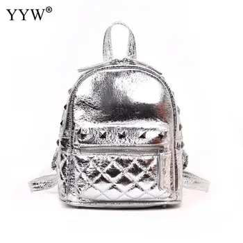

Pu Leather Rivet Backpack For Women Sliver Small Mini School Backpacks Paid Girl Fashion Rucksack Shoulder Shopping Bags Back