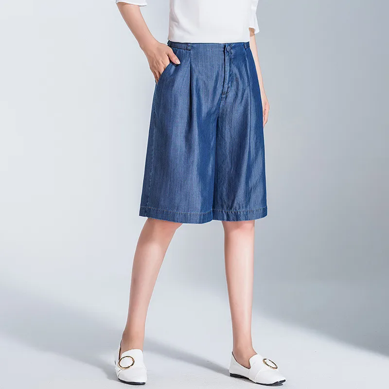 

Mid-waist tencel short jeans summer women's fashion shorts cool breathable denim wide leg pants straight denim short jeans 80309