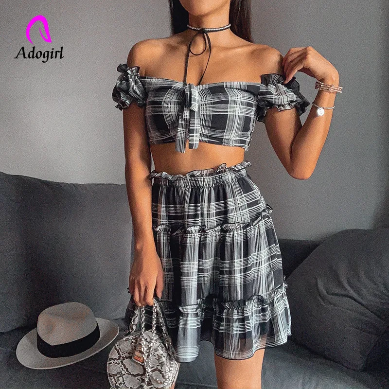 2019 летняя Милая клетчатая Эротичная миниюбка с открытыми плечами Camiseta Mujer