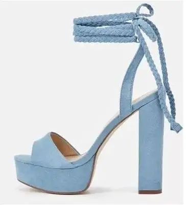 

Concise Style Women Blue Peep Toe Ankle Lace Up Platform Sandals Summer Fashion High Square Heel Party Shoes High Quality