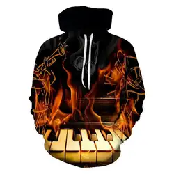 Зимние для мужчин Hipster толстовки кофты 3D печать черный сжигание пианино толстовка с капюшоном повседневное свободные тонкие пуловеры для