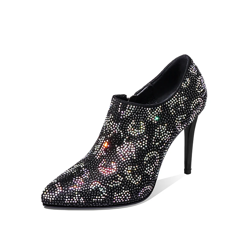 ISNOM из натуральной кожи стразы на высоком каблуке Для женщин женские туфли-лодочки обувь с острым носом со стразами модная дамская обувь для вечеринок женские