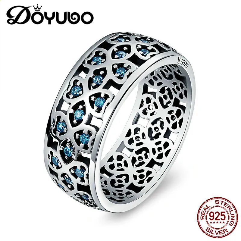 

DOYUBO Lovely 925 Real Silver Blue Cubic Zircon Rings For Lady Heart Shape Pure Silver Women Finger Rings Fine Jewelry AGB029