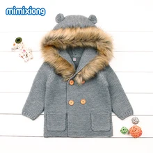 Winter Warm Newborn Baby Sweater Fur Hood Detachable Grey Infant Boys Girl Knitted Cardigan Fall Outwear Children Knitwear 0-24M