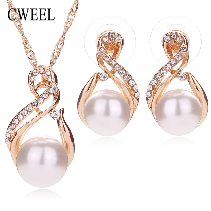 CWEEL Simulated Pearl Bridal Jewelry For Women Romantic Necklace Earrings Gold Plated luxury Wedding African Beads Accessories