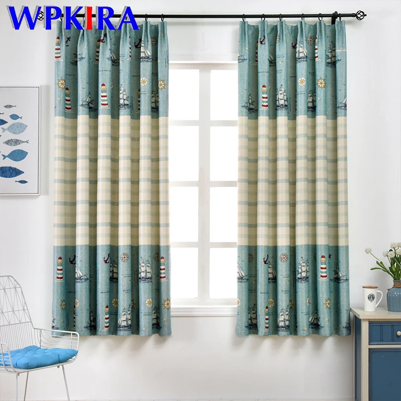 Cartoon Nautical Printed Blackout Curtain Blue /Grey Short Curtain For
