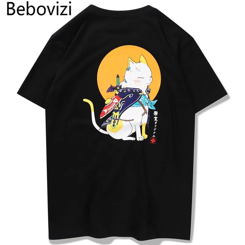 En Ligne Bebovizi japonais Hip Hop mignon chat imprimé t shirts été Streetwear à manches courtes t shirts Harajuku T Shirt décontracté top T Shirts