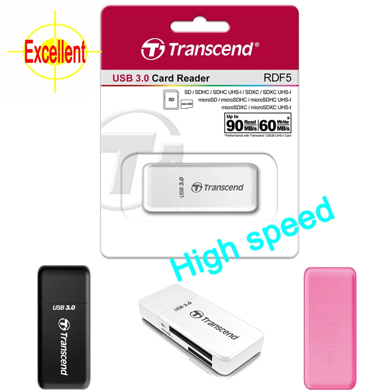 Transcend 2 в 1 Высокоскоростной USB 3,0 кард-ридер адаптер для SDHC/SDXC/microSDHC/microSDXC/UHS-I карта адаптер до 128 ГБ