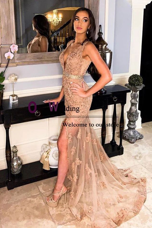 

Vestido de Festa Sexy Lace Evening Dresses for Women 2019 Mermaid Side Split Lace Appliques Beading Robe de soiree