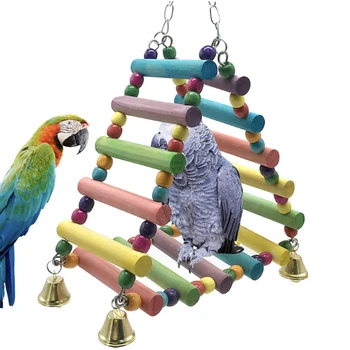 

Parrot Ladder Cockatial Colorful Wooden Triangles Swing Hanging Wooden Ladder with Bell For Birds Climb toys Parrot Bites toys