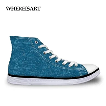 

WHEREISART Canvas Boy Printing Sneakers Men Lace-up Shoes White Blue Spring Men's Shoes High Top Casual Walking Breathable Man