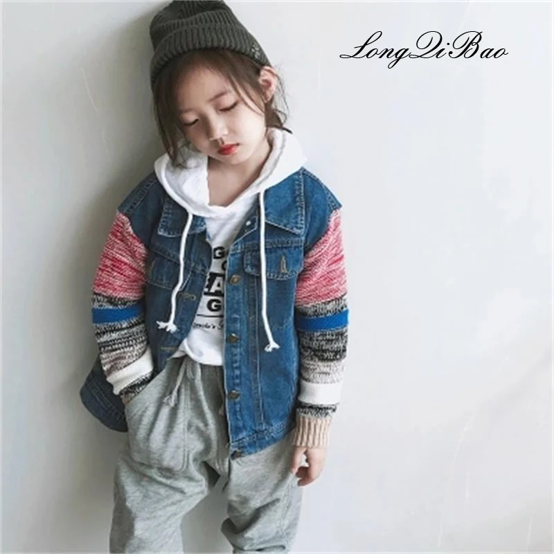 

Girls denim jacket 2018 autumn and winter new big children's children's wool sleeves stitching trendy denim jacket tide