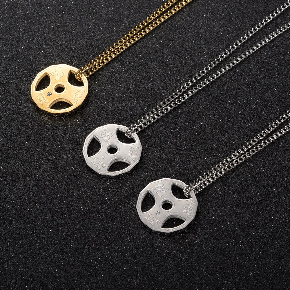 

Titanium Stainless Steel Fitness Gym Necklace Weight Plate Barbell Dumbbell Weightlifting Bodybuilding Exercise Jewelry