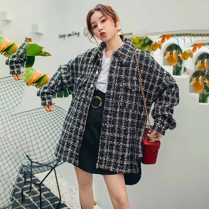 

[EWQ] 2019 Spring Autumn New Pattern Lapel Long Sleeve Plaid Patchowrk Sequin Single Breasted Coat Women Fashion Tide AG44801L