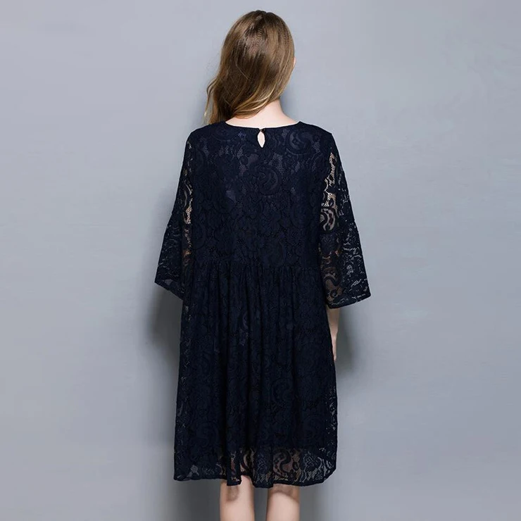 European design spring autumn women floral lace dresses plus size 4XL hollow lace women pleated dress gray blue color