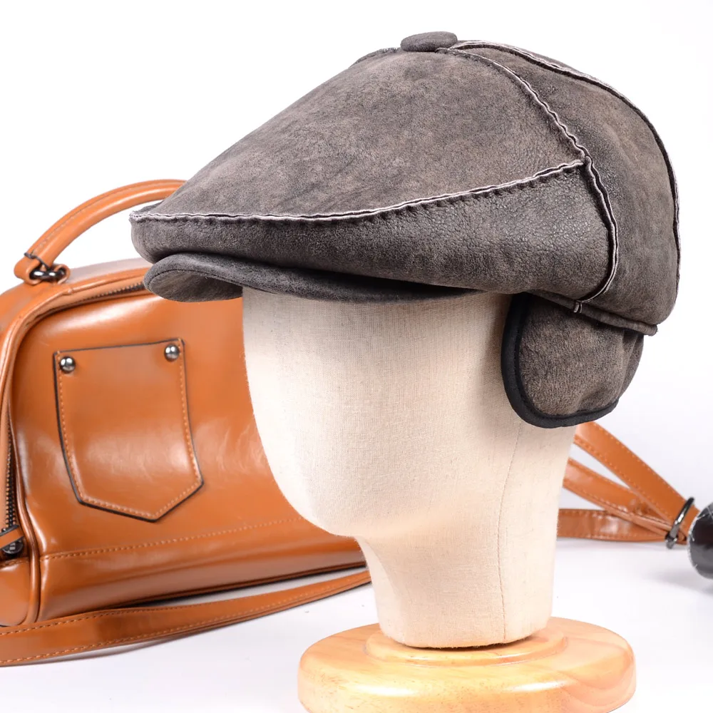 

Men's Male 100% Real Fur Winter Warm Sheepskin Hand sewing Peaked Cap Casquette Army Beret Newsboy Hats/caps