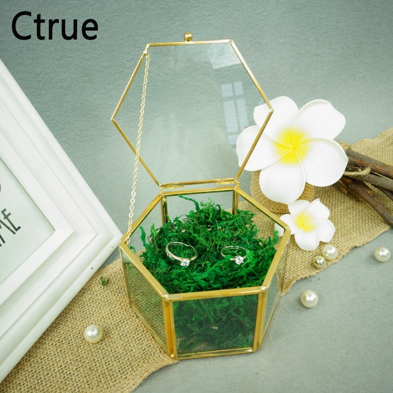 

Personalized Rustic Wedding Glass Ring Box Hexagon Stained Glass Ring Pillow Wedding Copper Ring Jewelry StorageBox