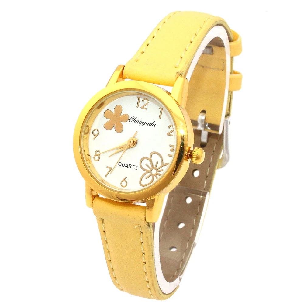 Популярные модные белые цветы циферблат женские часы желтый браслет с кожей часы с белым циферблатом, Дамские Кварцевые наручные часы для девочек U55