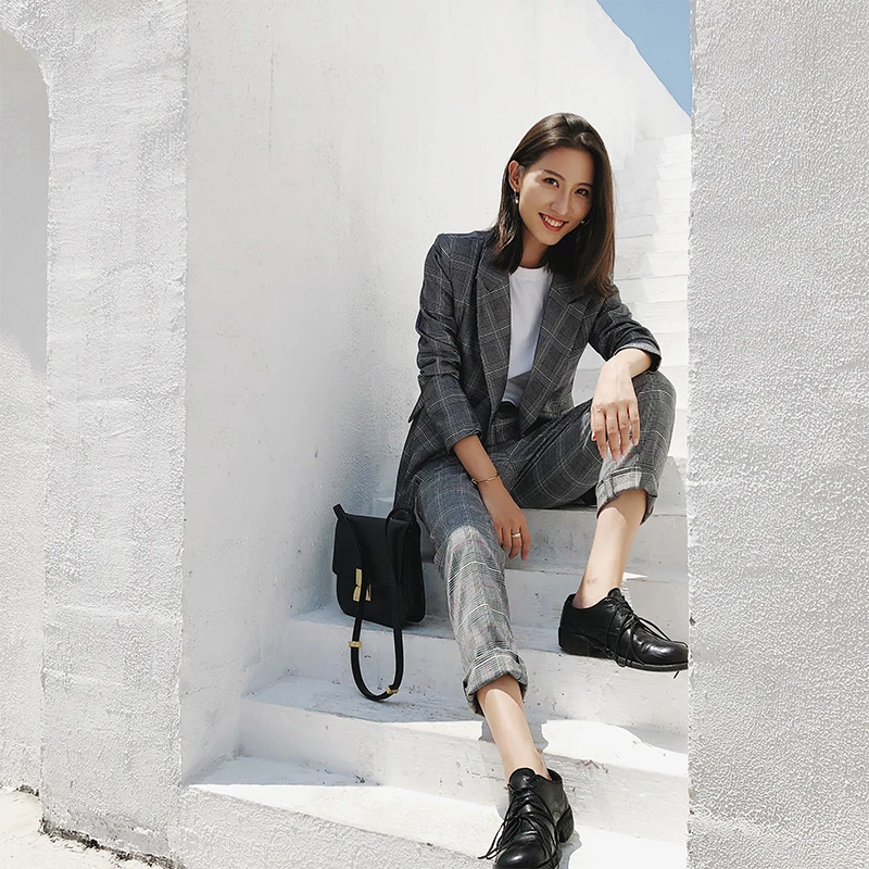 England Plaid Suits Women Autumn Blazer 2 Two Piece Set Ladies Pants Suits Striped Jacket & Pant trajes de mujer