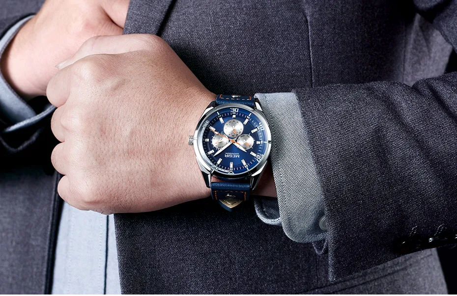 Люксовые часы от бренда MEGIR, Для мужчин черный кожаный ремешок кварцевые часы Водонепроницаемый световой наручные часы для мужчин в течение 24 часов в неделю Дата Дисплей 2072G-BK-7