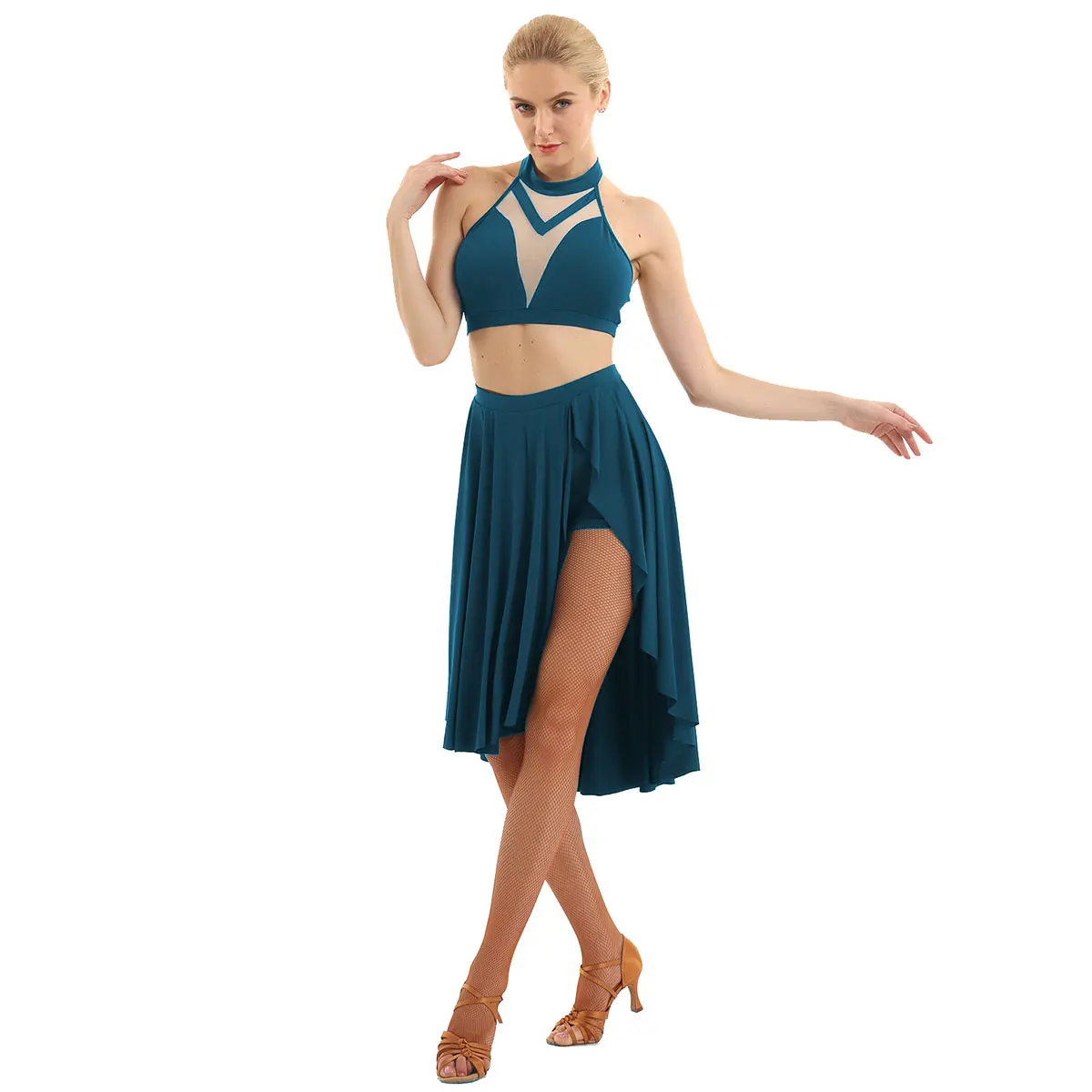 TiaoBug, Женский Топ без рукавов с открытой спиной, балетная пачка, комплект с юбкой для латинских танцев, асимметричные современные костюмы для лирических танцев