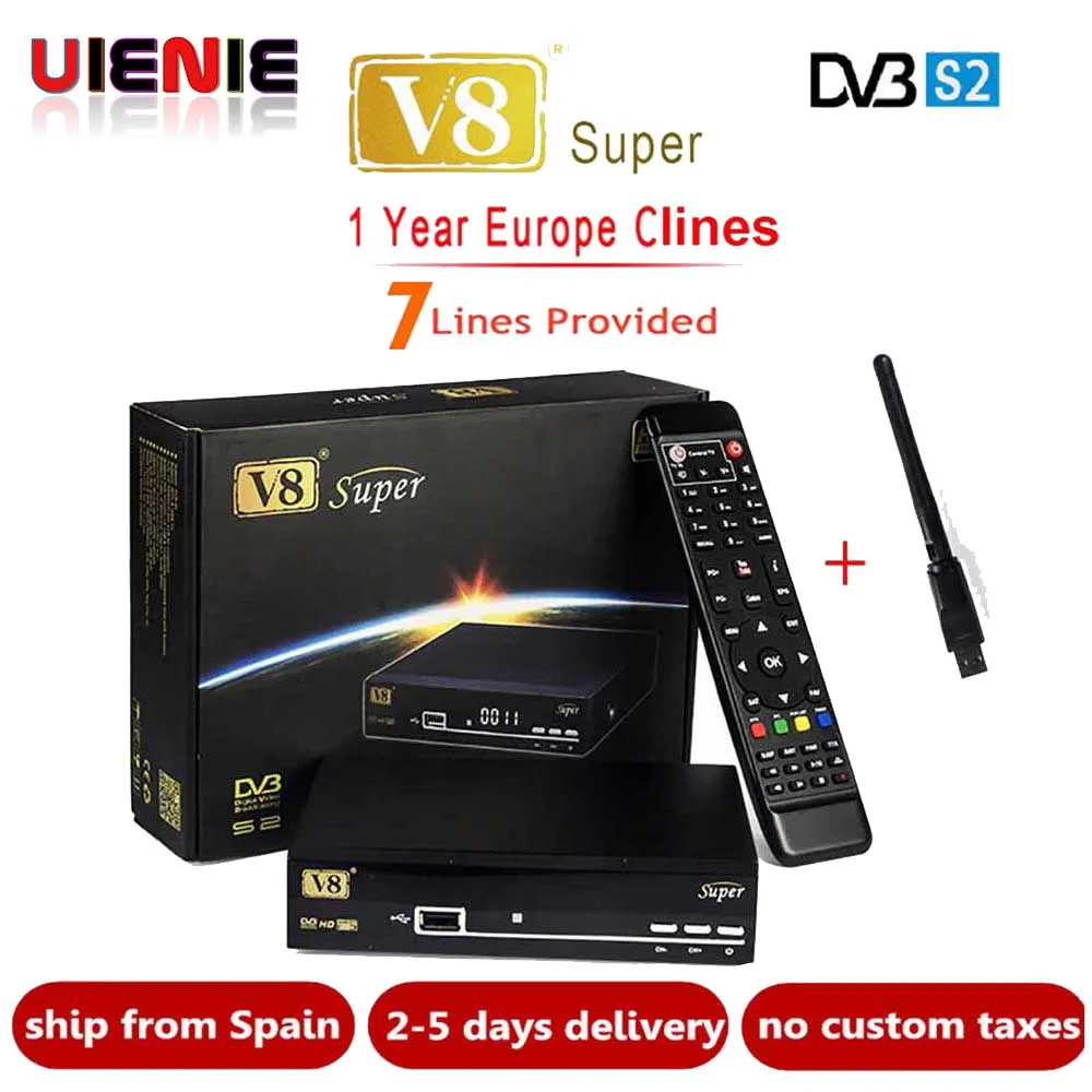 Satellite Receiver Freesat V8 Super DVB S2 with 1 Year Europe 7clines