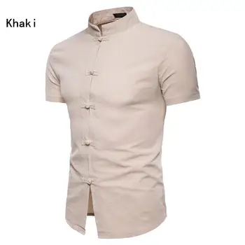 

Yfashion Male Stand Collar Shirts Mens Clothes Summer Short Sleeve Cotton Linen Shirt Men Tops Chinese Style Button Shirt