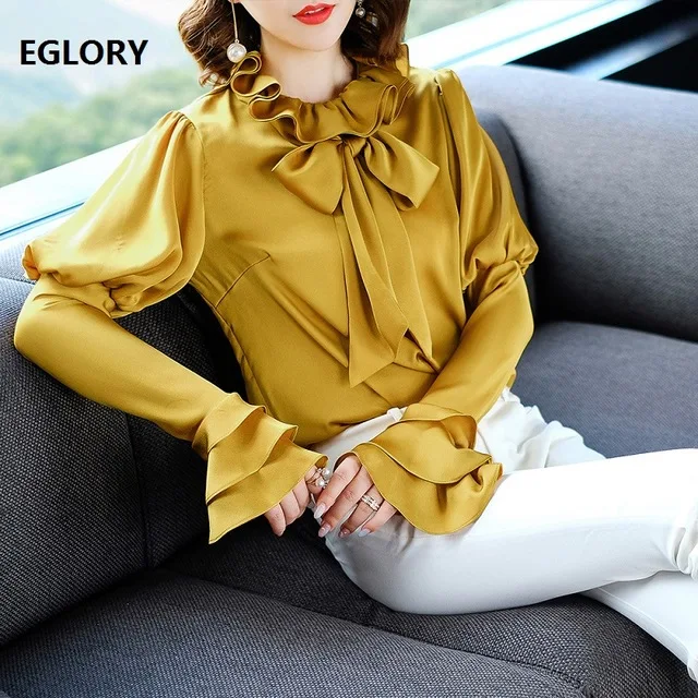 

2019 Fashion Designer Blouse Shirts Women Ruffled Collar Bow Tie Elegant Sexy Flare Sleeve Shirt Office Lady White Yellow Blouse