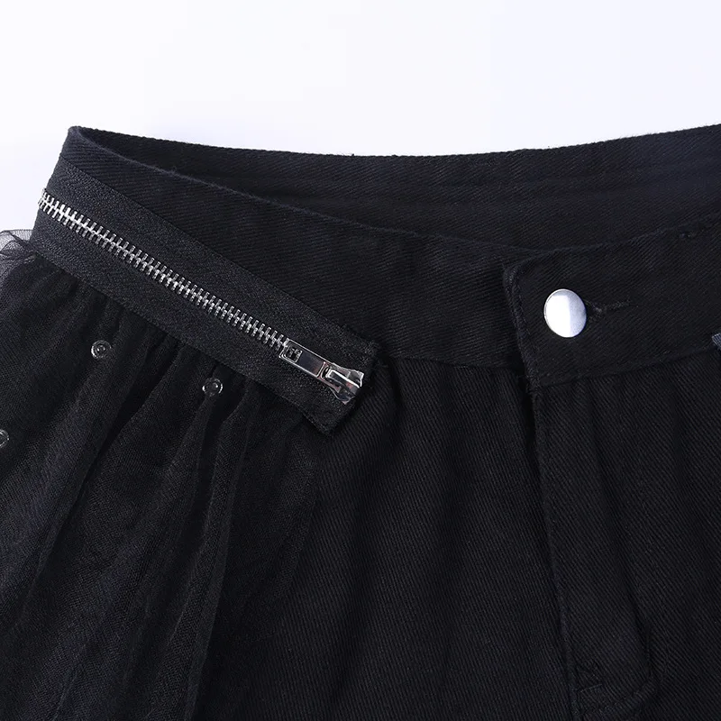 Raisvern/черные шорты со съемным тюлем, женские сексуальные повседневные джинсовые шорты в готическом стиле панк с высокой талией, женская уличная одежда