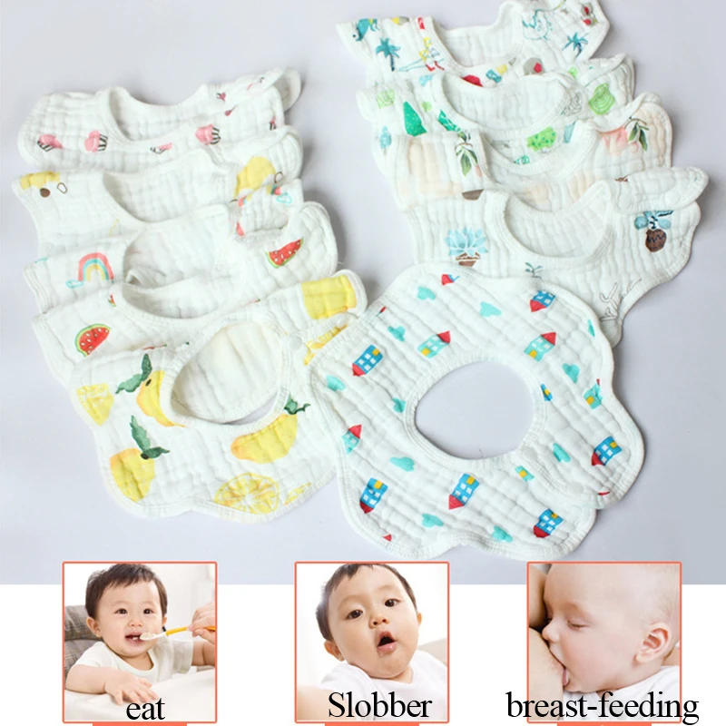 

10Pcs Baby Bibs Waterproof Petals 300-degrees Rotating Burp Cloths Cartoon Printing Cotton Newborn Slobber Towels Random Color