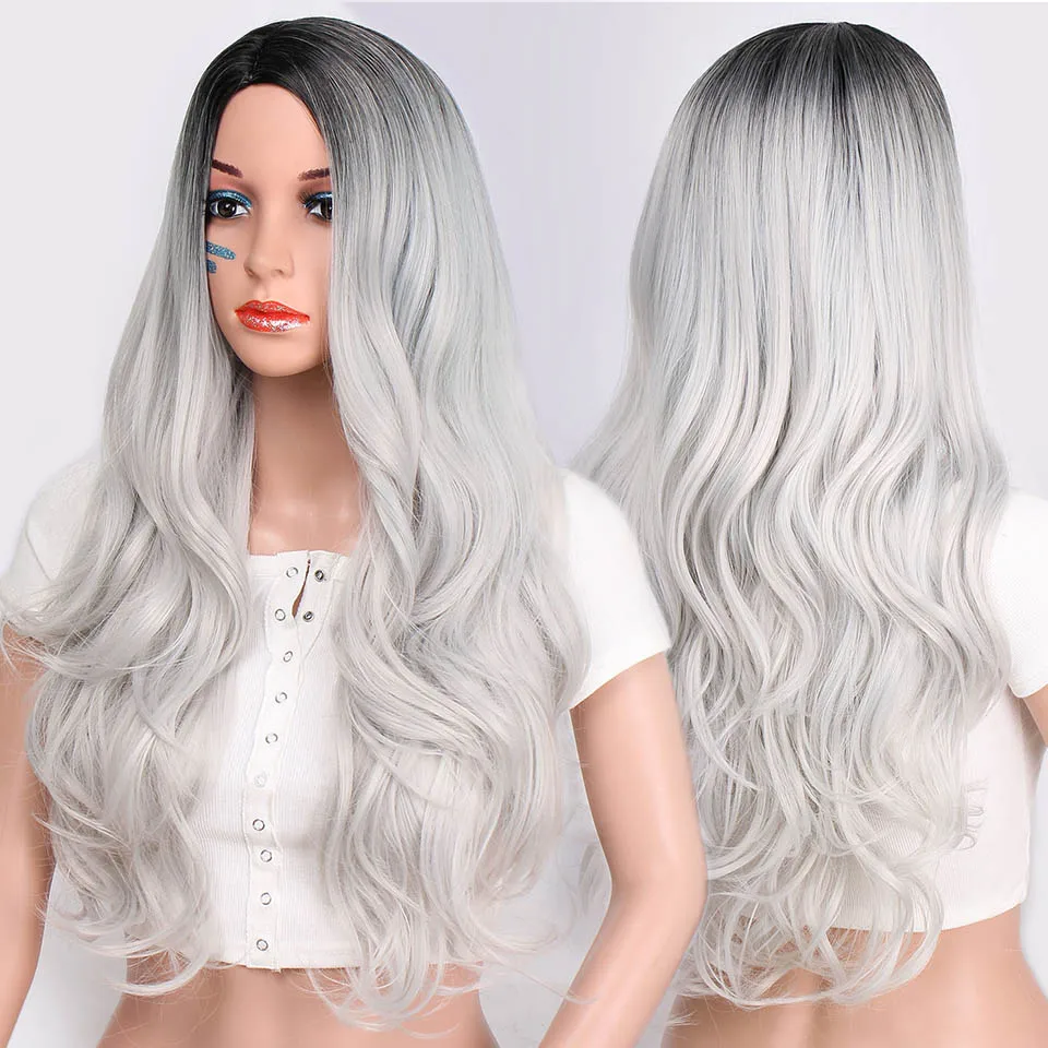 Peluca sintética larga ondulada de color gris para mujer Cosplay peluca marrón rojo negro Rubio fibra resistente al calor