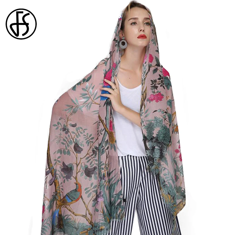 

FS Echarpe Foulard Femme Women Cotton Linen Animal Print Scarf Shawls Scarves Large Hijab Pashmina Floral Tree Bird Bandana Head
