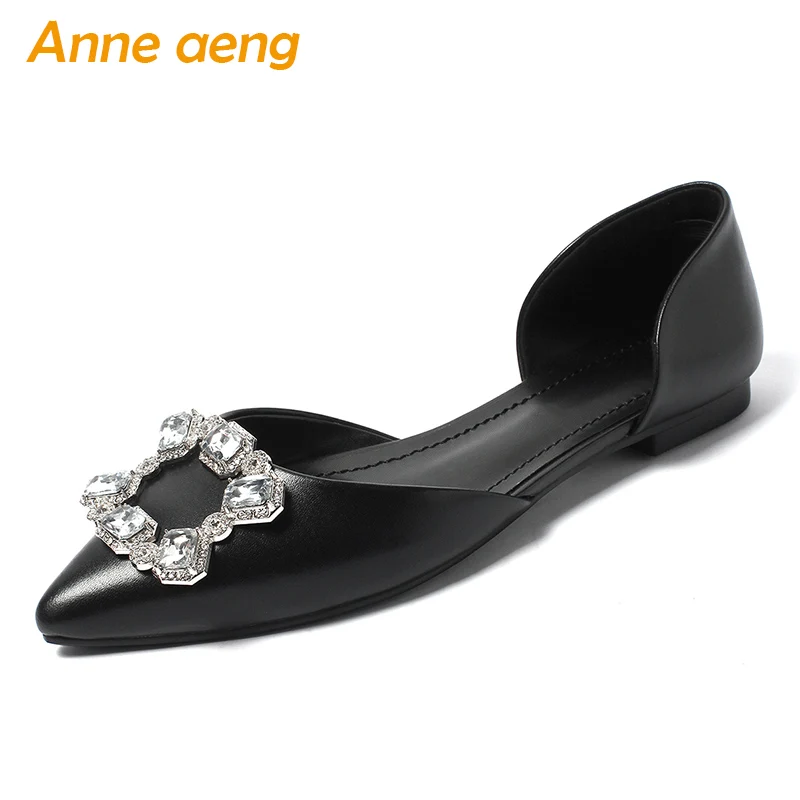 

2019 New Summer Genuine Leather Women Sandals Low Square Heel Pointed Toe Cover Heel Solid Crystal Casual Fashion Women Shoes