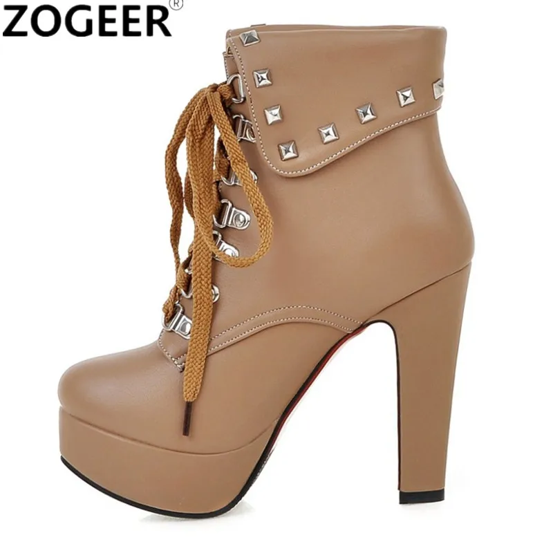 

Plus Size 48 New Autumn Winter Women Ankle Boots High Heels Lace Up Leather Platform Short Sexy Rivets Motorcycle Boots Shoes