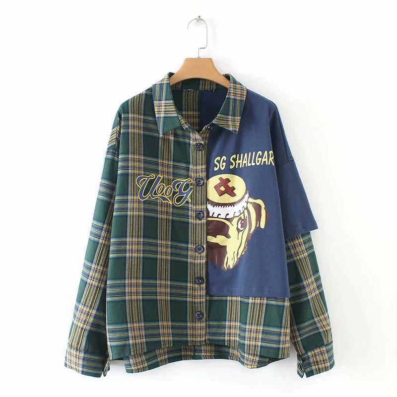 

MERRY PRETTY Women Cartoon Print Cotton Blouses 2019 Spring Long Sleeve Turndown Collar Patchwork Shirt Femme Casual Top Blusas