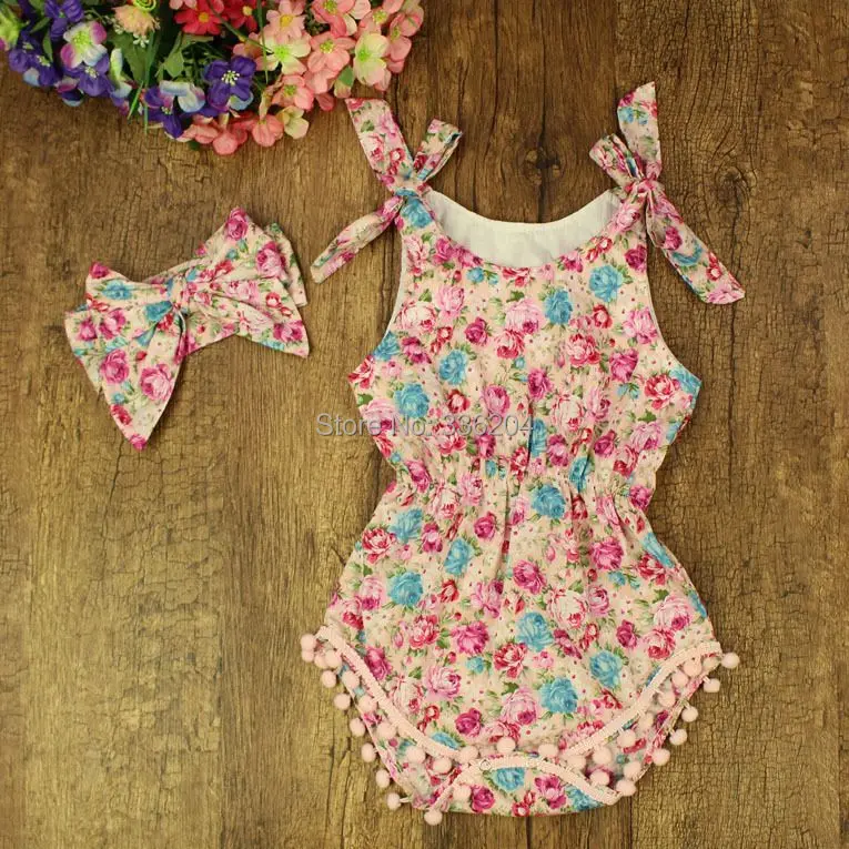 

Begonia flowers Baby Girls Pompom Romper Outfit with Knot Bow Headband 2 COLORS