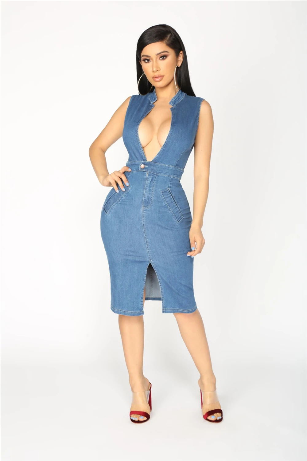V Neck Denim Dress Women Elegant Autumn Dress Sexy Party Jeans Dress Bodycon Dresses Casual Club Wear Vestido Jeans
