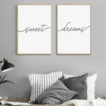 

Sweet Dreams Print Typography Poster Bedroom Decor , Modern Black and White Minimalist Canvas Painting Bedroom Prints